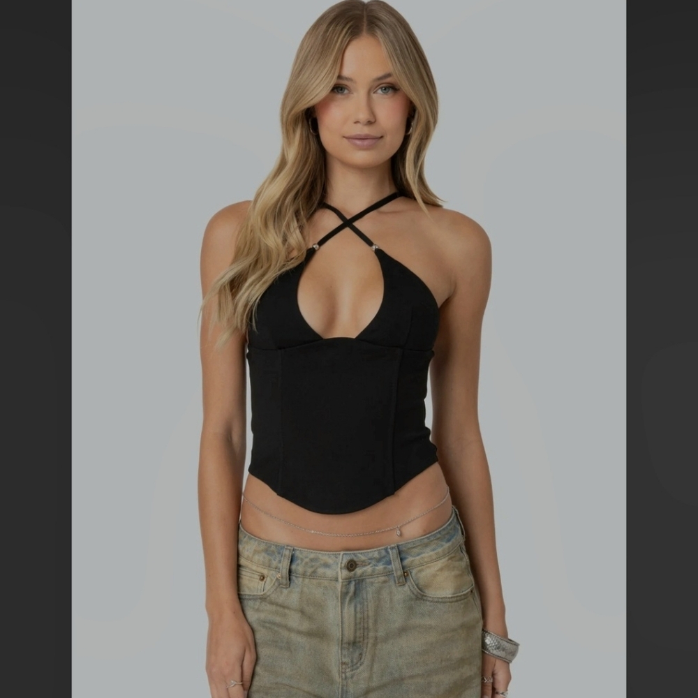 Edikted Nwt Lou Crossover Beaded Corset In Black - Xs